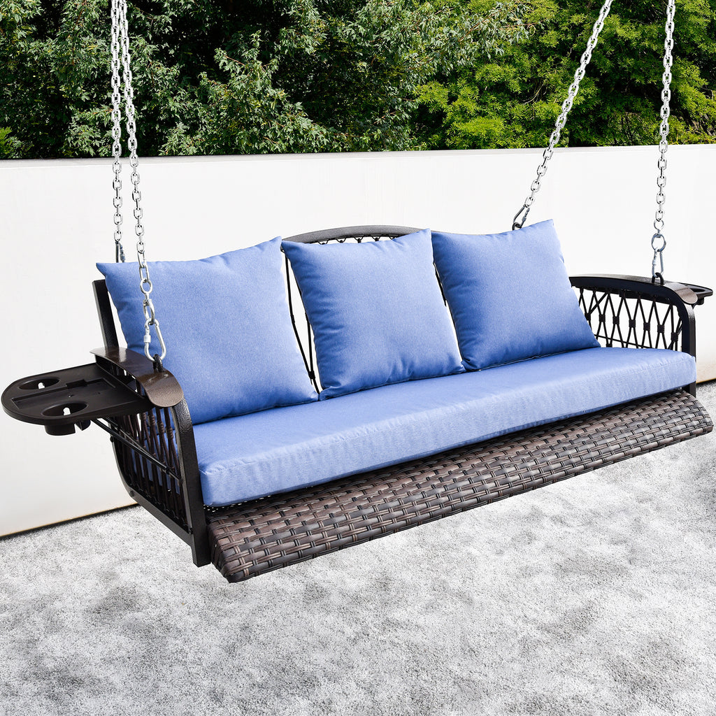3-Seat Wicker Hanging Porch Swing Blue Color
