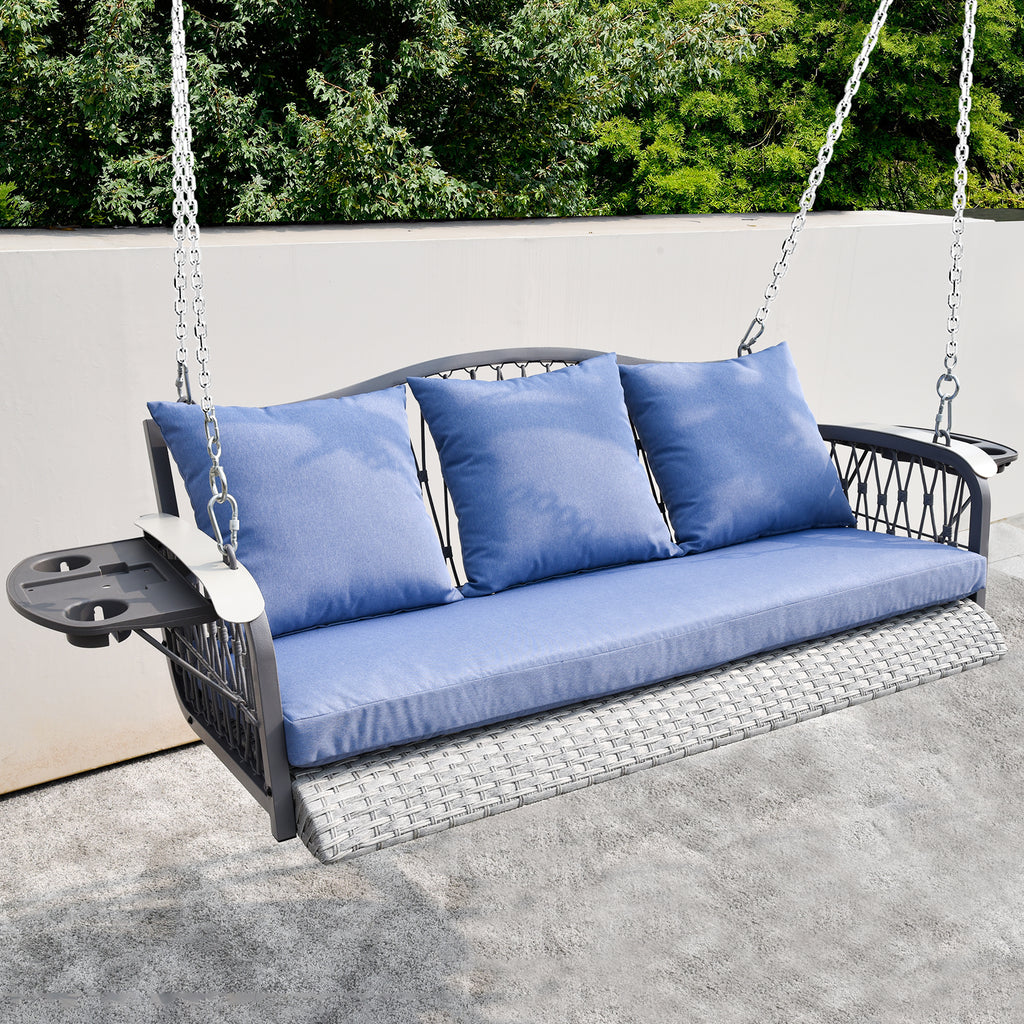 3-Seat Wicker Hanging Porch Swing Gray Color