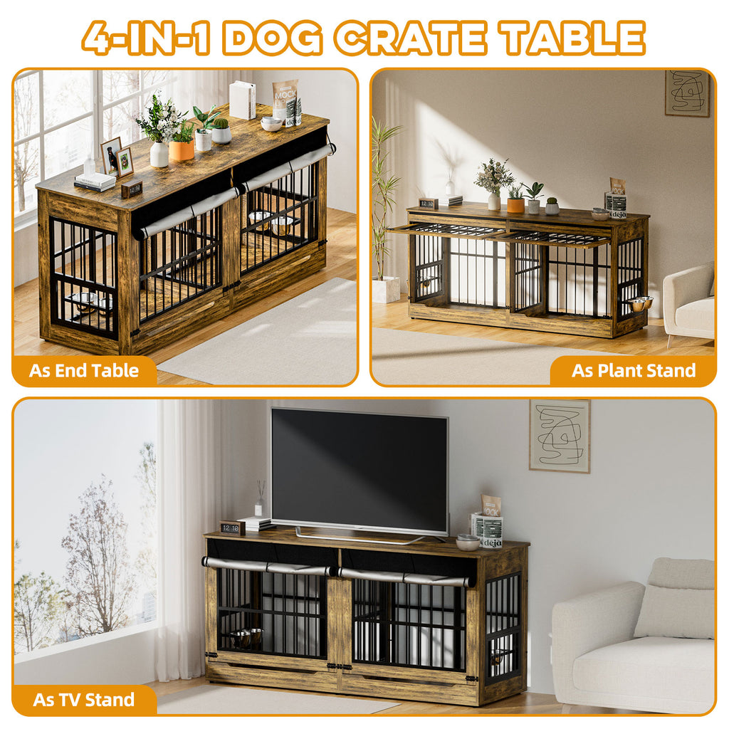 4-in-1 dog crate table used as an end table, plant stand, and TV stand in a home setting