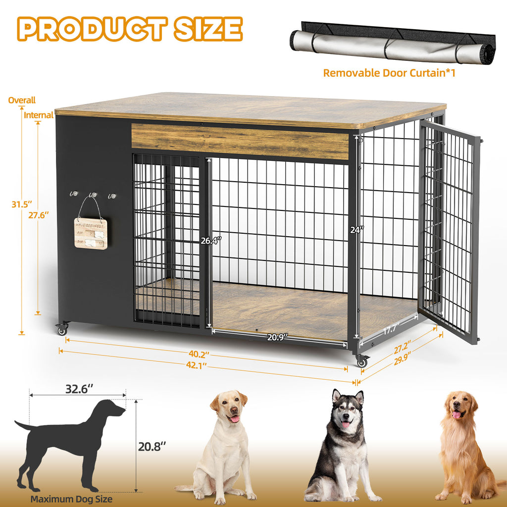 Dog crate with dimensions and features highlighted, including a removable door curtain.