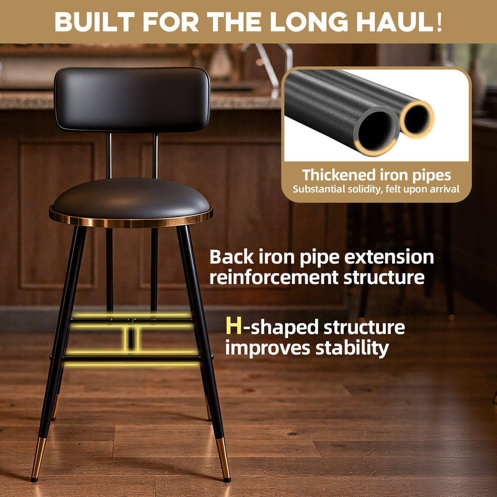 Bar stool with backrest on a wooden floor, featuring thick iron pipes and H-shaped structure.