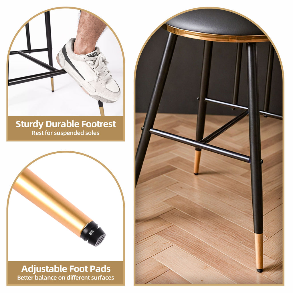 Bar stool with black and gold design on a wooden floor, highlighting features like a sturdy footrest and adjustable foot pads.