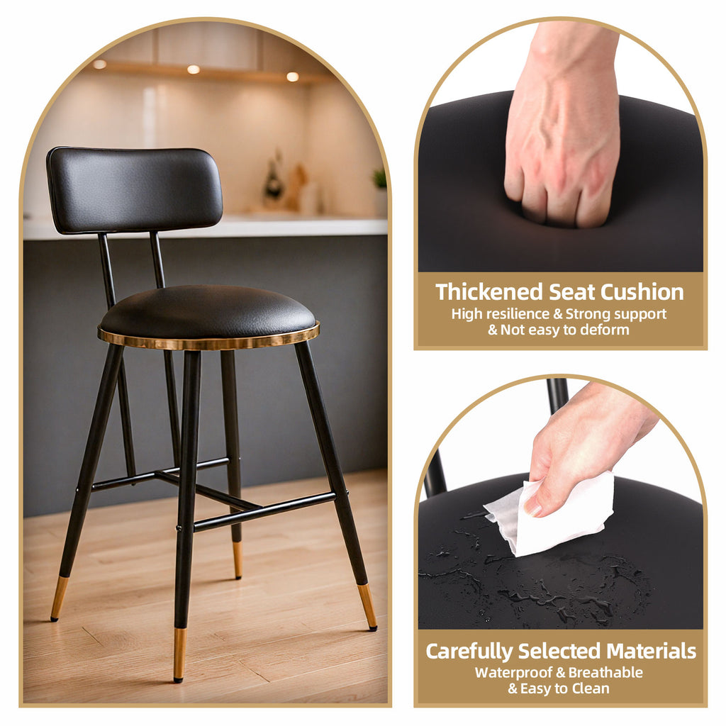 Black bar stool with thick seat cushion in a kitchen setting, showing durability and ease of cleaning