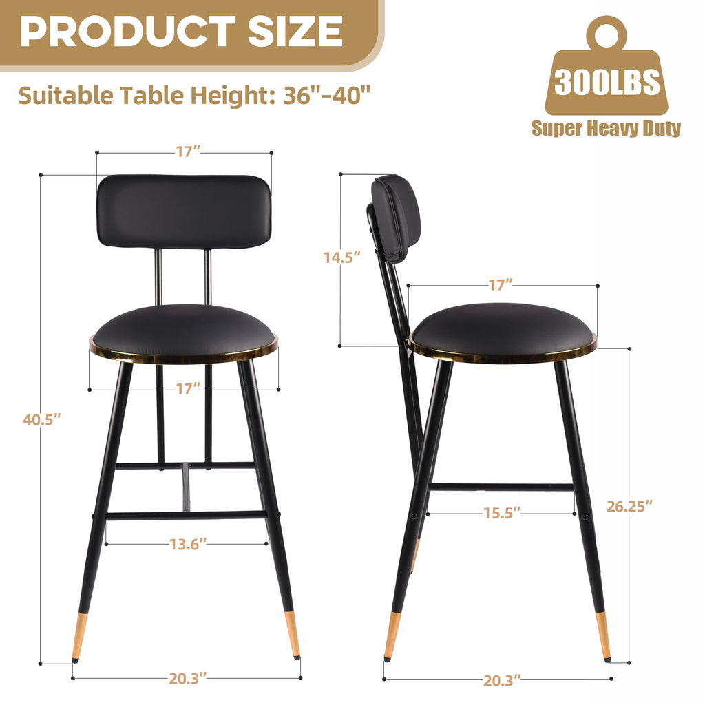 Black bar stools with measurements and product size information on a white background