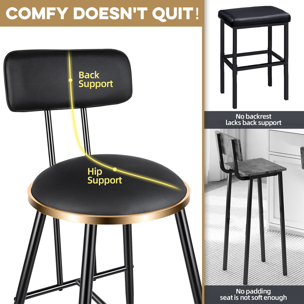 Black stool with backrest and seat support, highlighting features on a white background