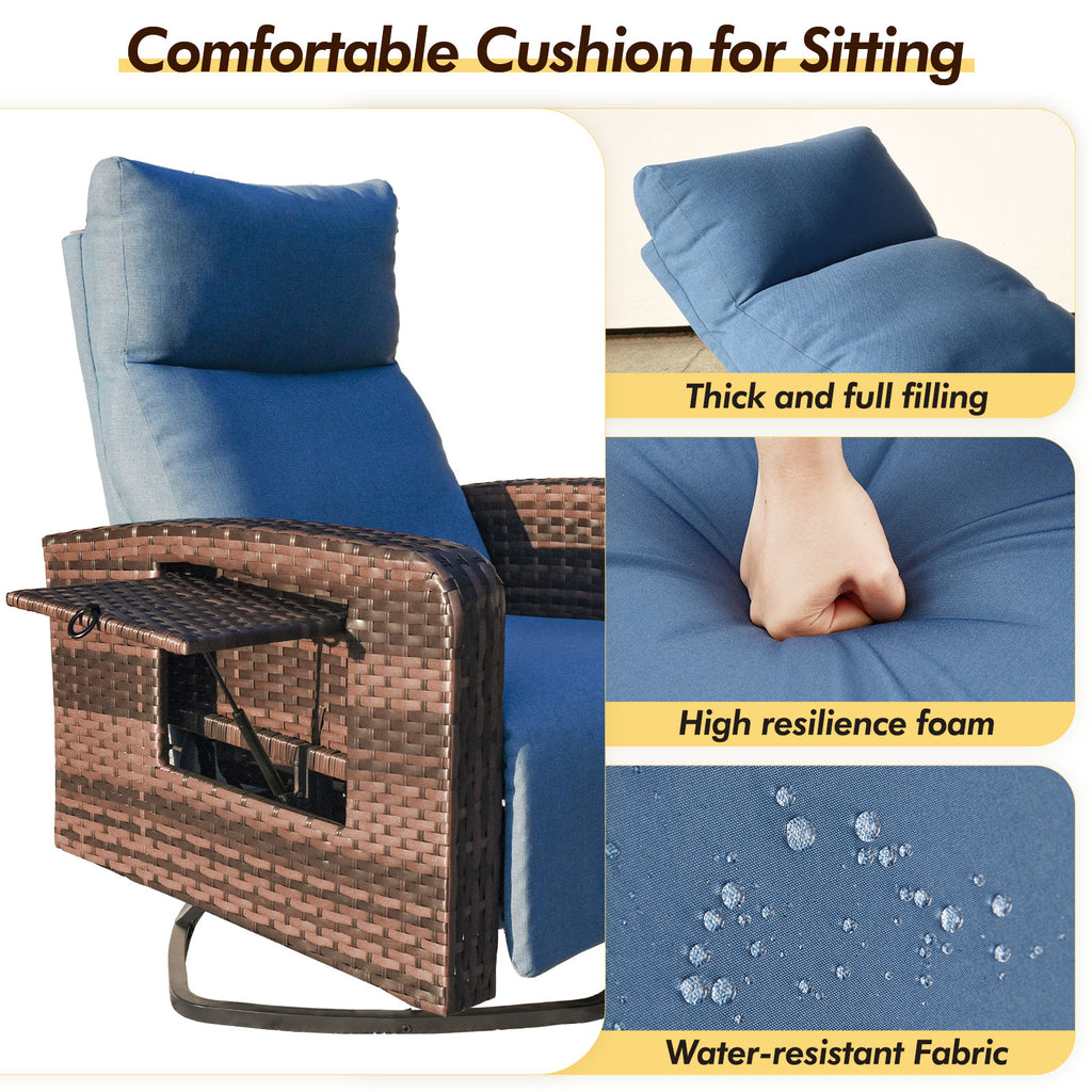Blue cushion on a chair with text highlighting features like thick filling, high resilience foam, and water-resistant fabric