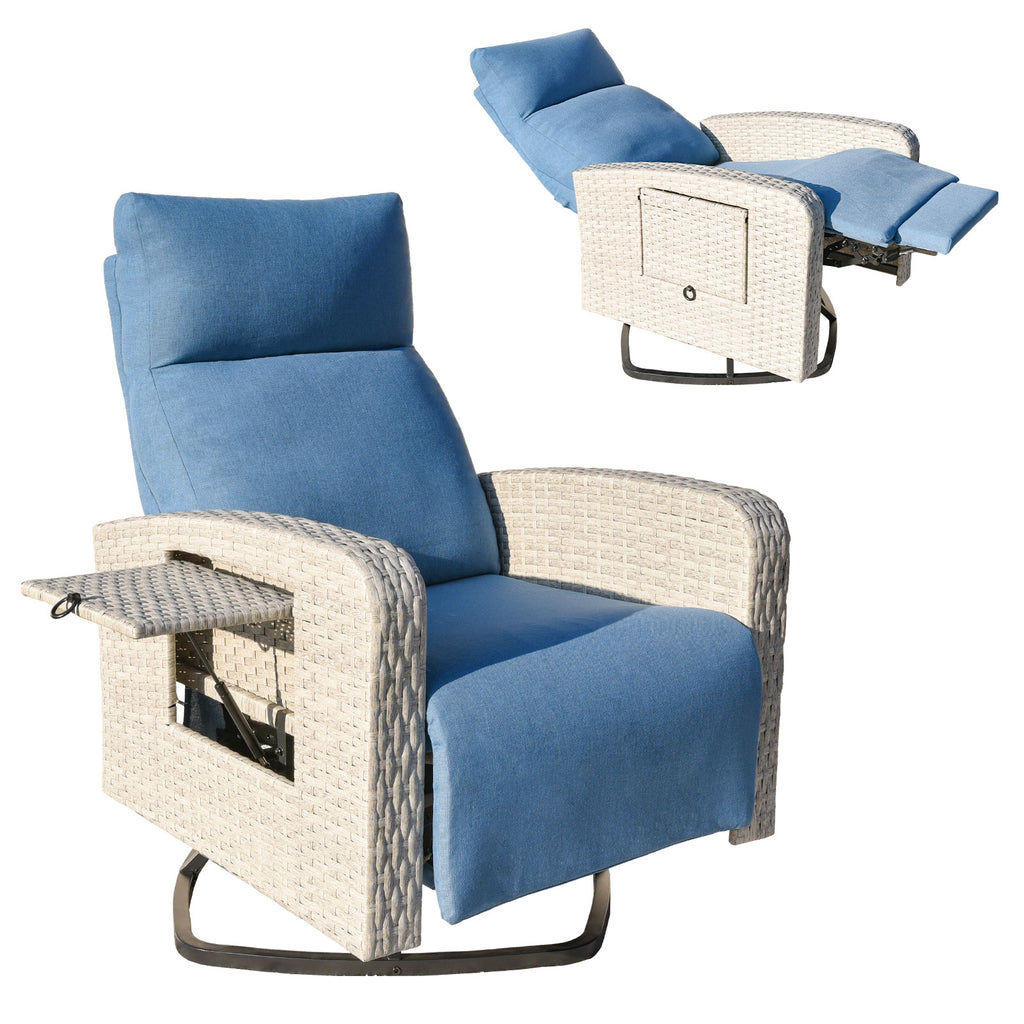 Blue cushioned chair with wicker frame on a white background
