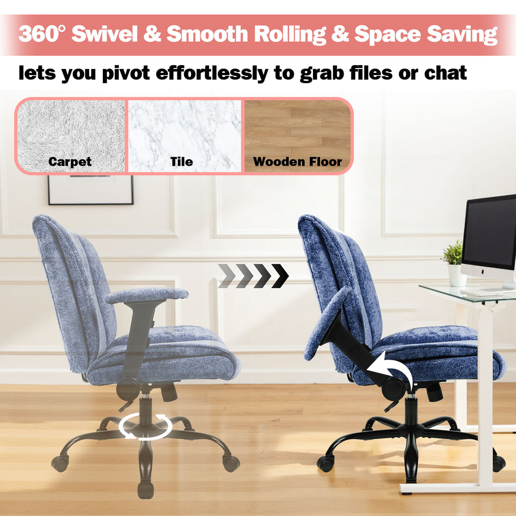 Blue office chair with 360-degree swivel feature in a home office setting