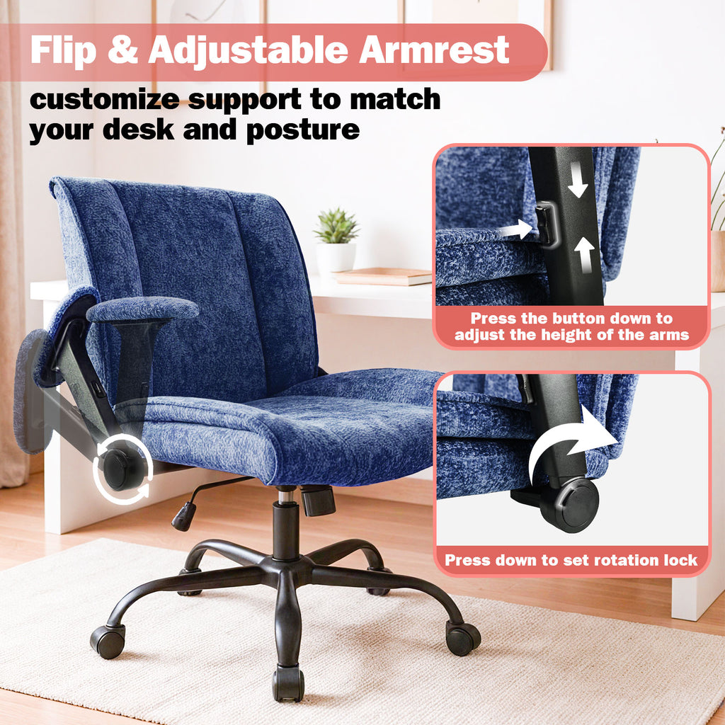 Blue office chair with adjustable armrests in a home office setting