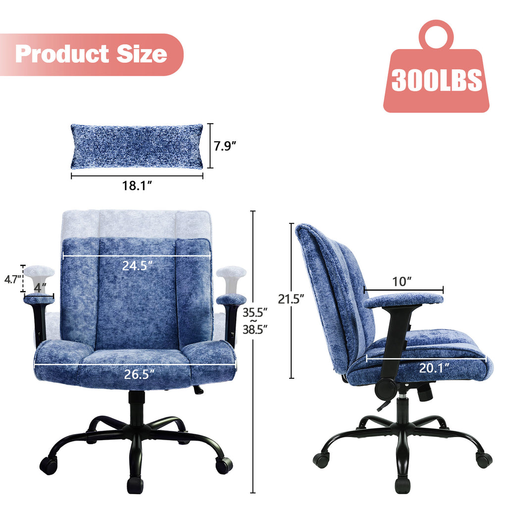 Blue office chair with dimensions and weight capacity on a white background