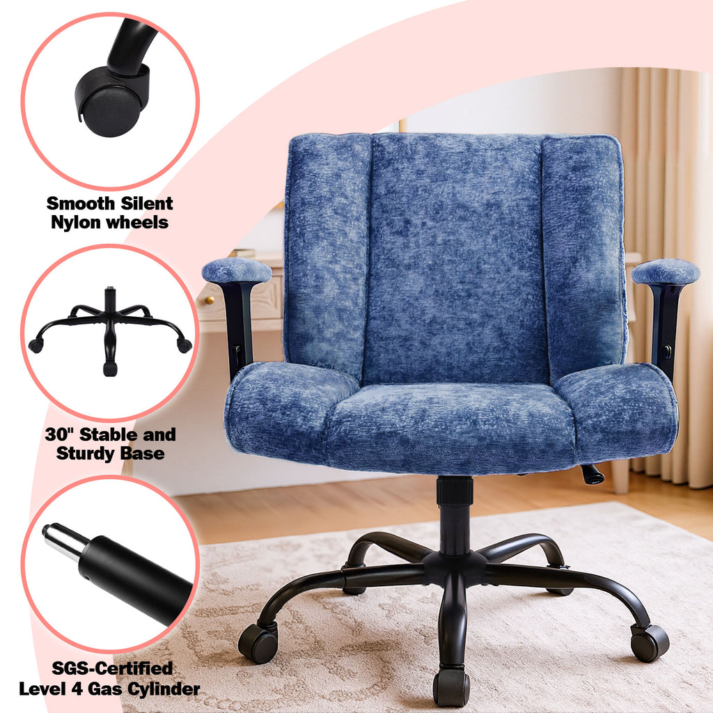 Blue office chair with features highlighted on a pink background