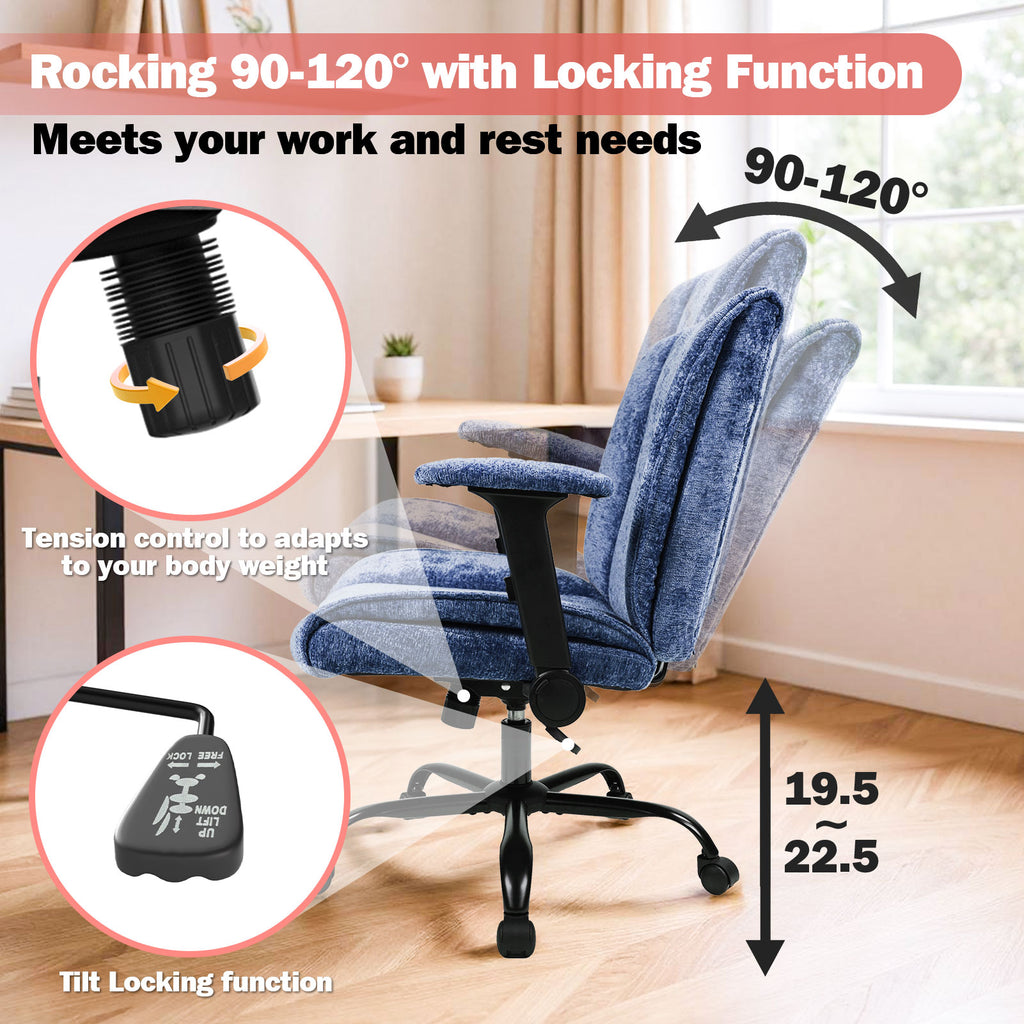 Blue office chair with rocking and locking function features, shown in a home office setting