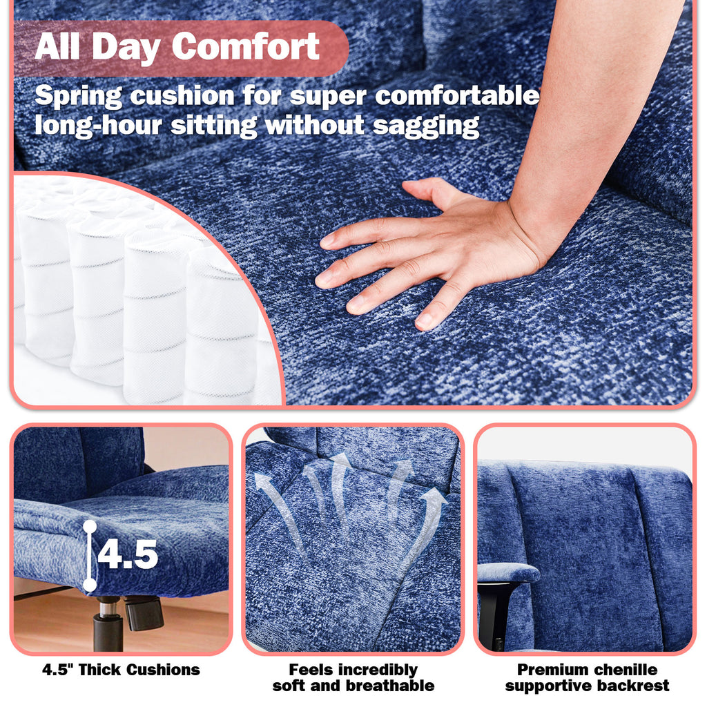 Blue sofa with hand touching it, showing comfort features like thick cushions and breathable material