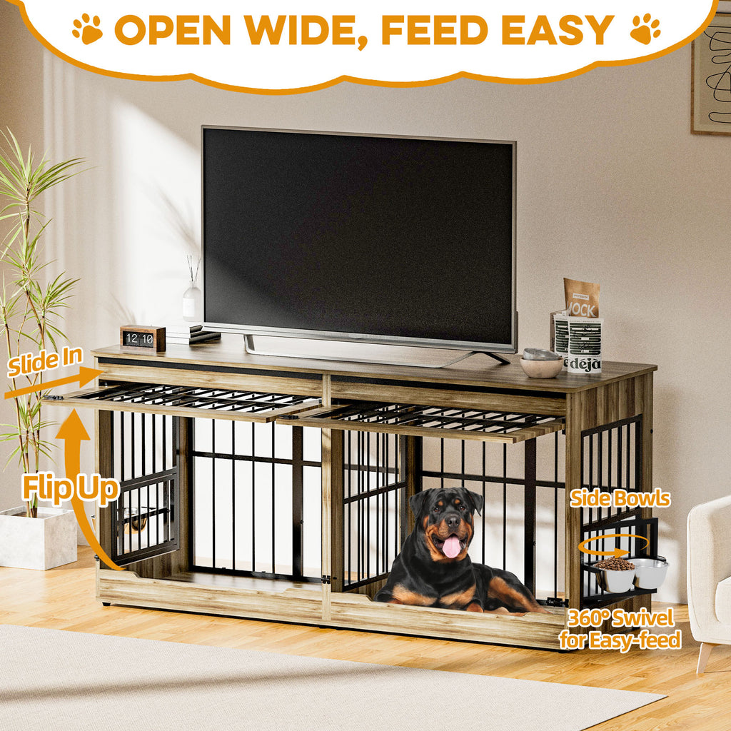 Pet crate integrated into a wooden TV stand with a dog inside, labeled for easy feeding