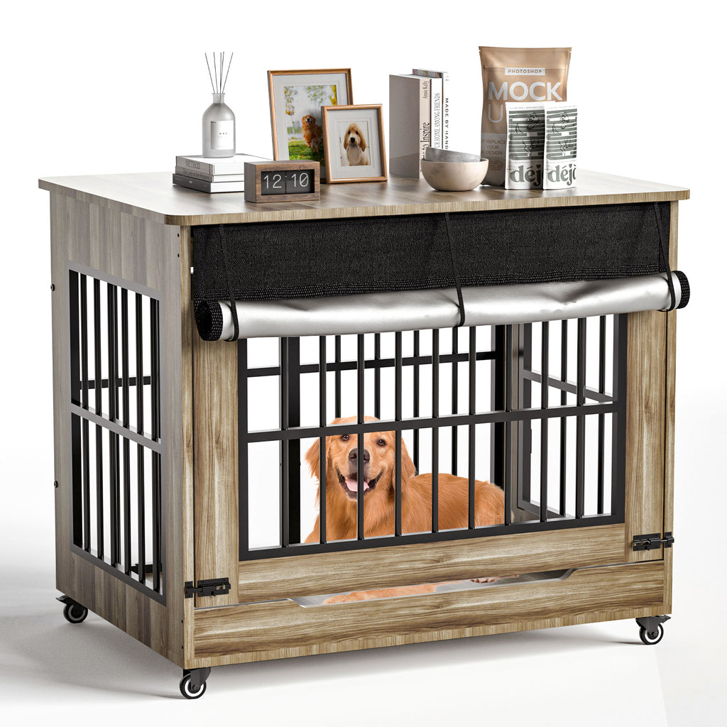 Dog crate integrated into a wooden furniture piece with a dog inside on a white background