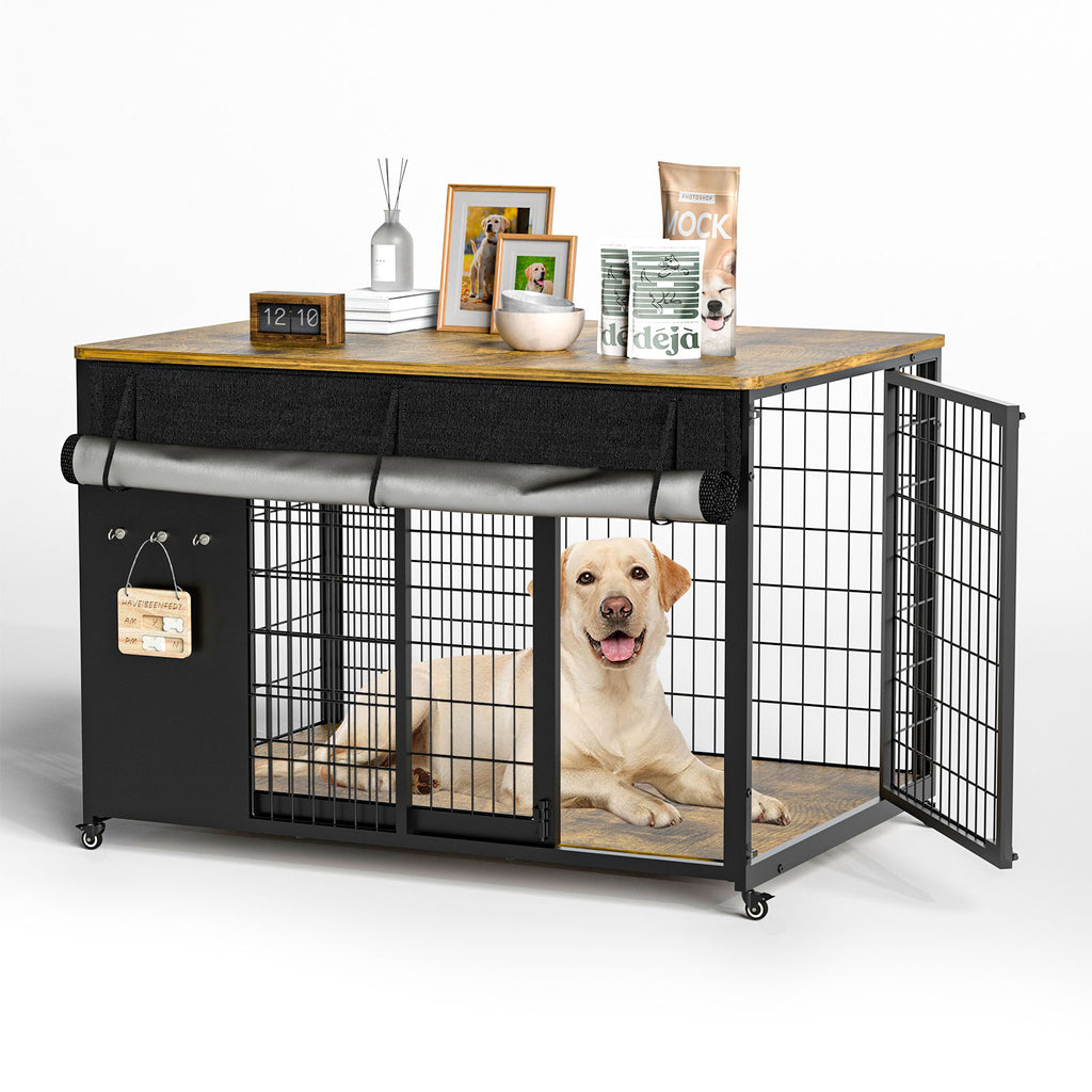 Dog crate with a wooden top and wheels, featuring a dog inside on a white background.