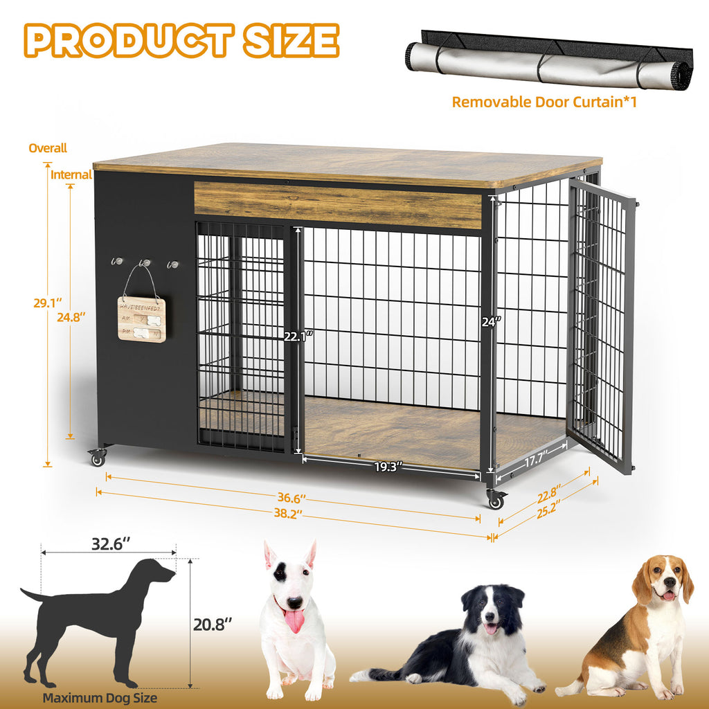 Dog crate with dimensions and a removable door curtain, featuring illustrations of dogs and measurements.