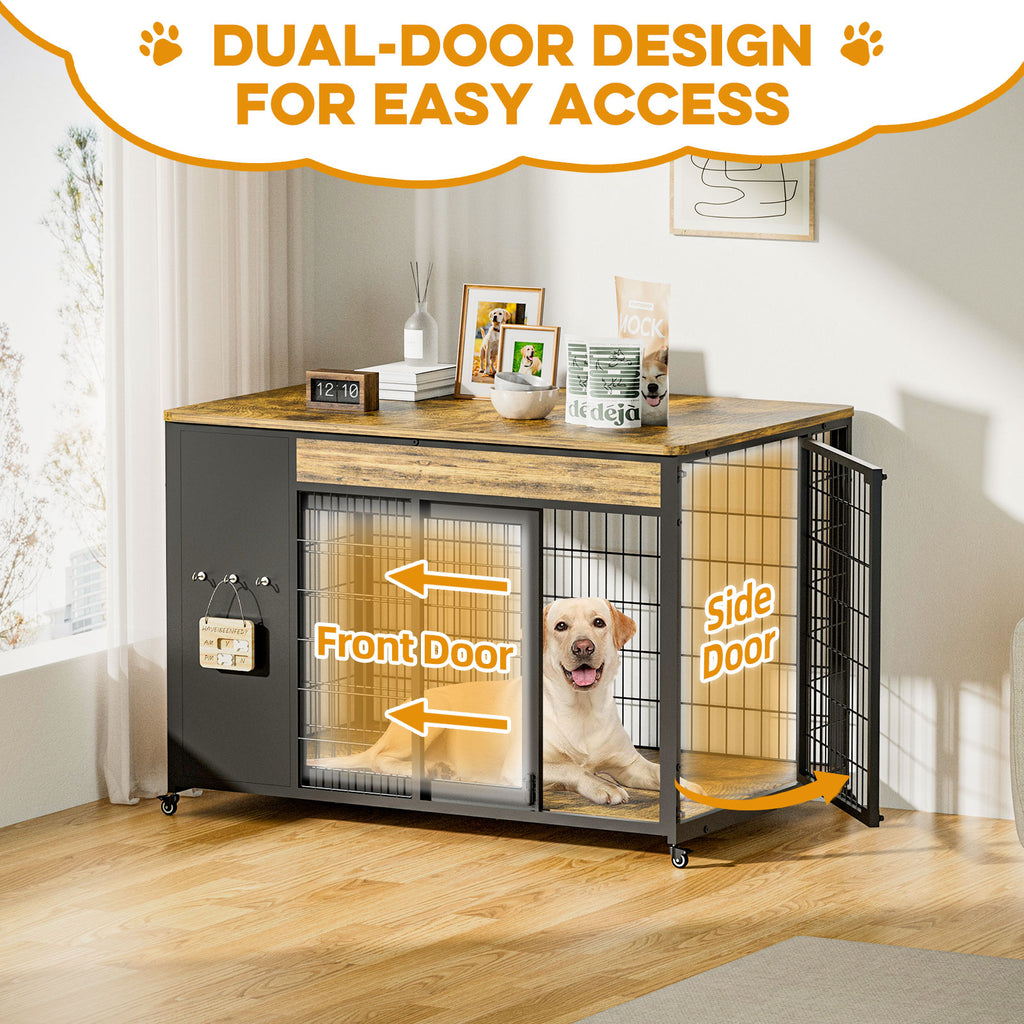 Dog crate with dual-door design featuring a dog inside, labeled 'Front Door' and 'Side Door'.
