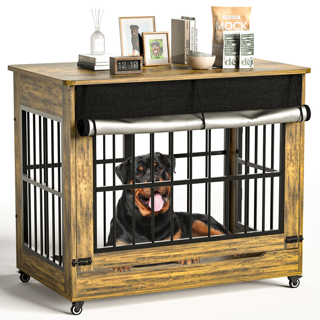 Dog crate with wooden frame and metal bars, featuring a dog inside on a white background