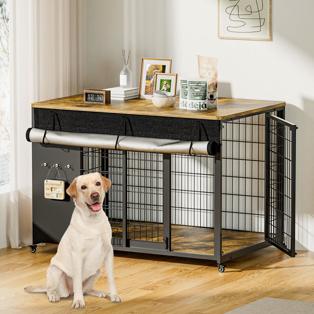 Dog sitting next to a modern pet crate with wooden top and metal grid design.