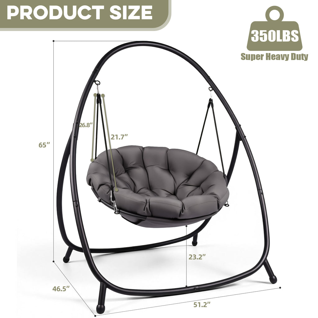Gray Egg Swings chair with black stand and measurements on a white background