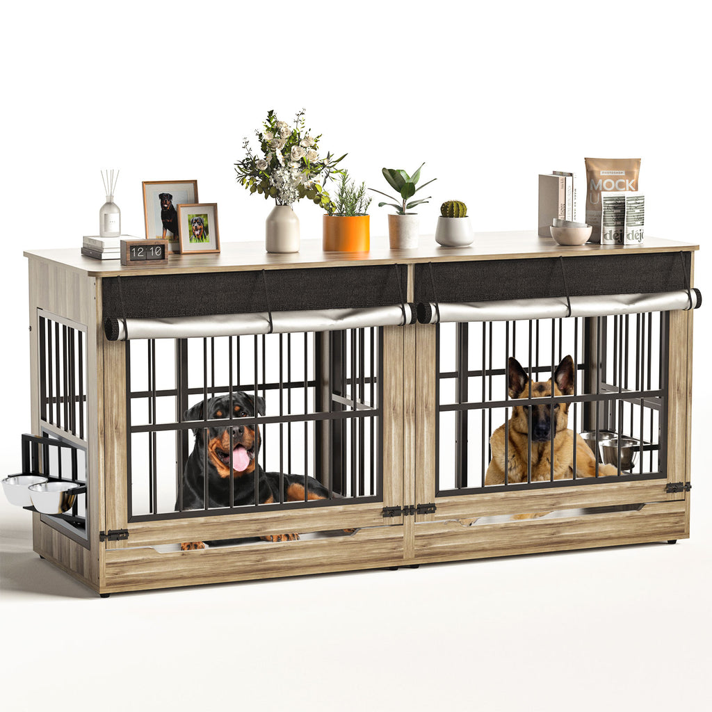 Furniture piece with a built-in dog crate containing two dogs on a white background