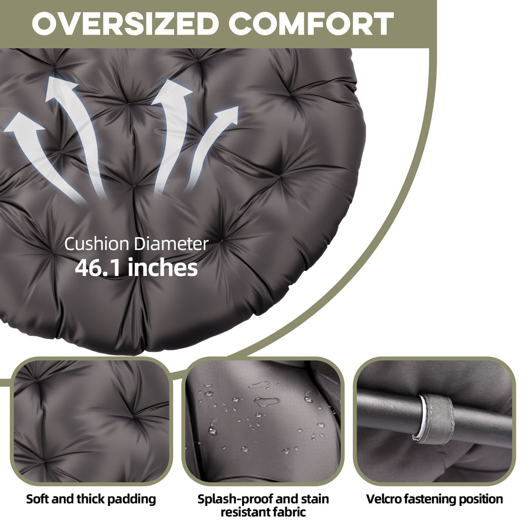 Gray cushion with text highlighting over sized comfort features on a white background