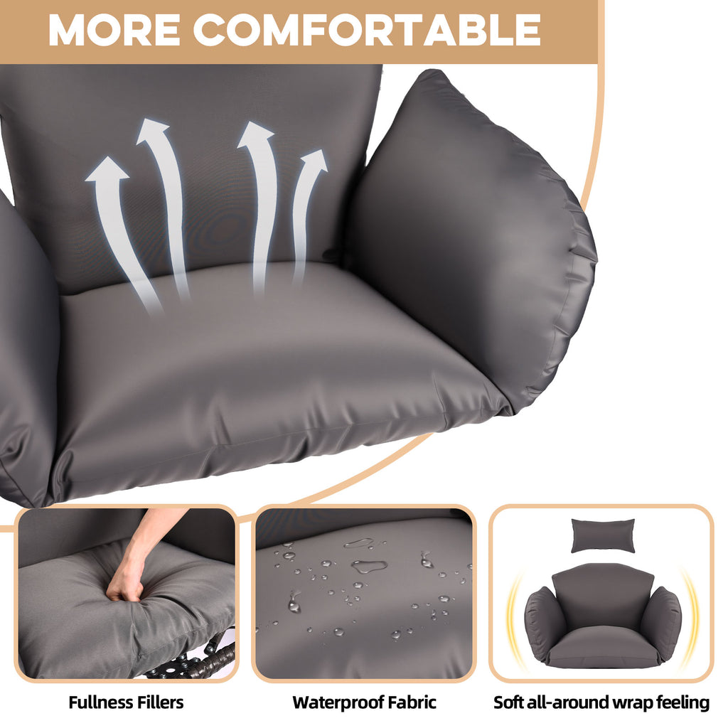 Gray inflatable armchair with text 'More Comfortable' and images of fullness fillers, waterproof fabric, and soft wrap feeling.
