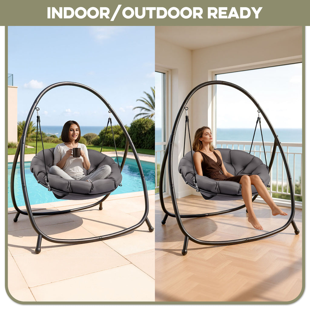 Hanging chair with a woman using a smartphone in an outdoor setting, with text 'Indoor/Outdoor Ready'.