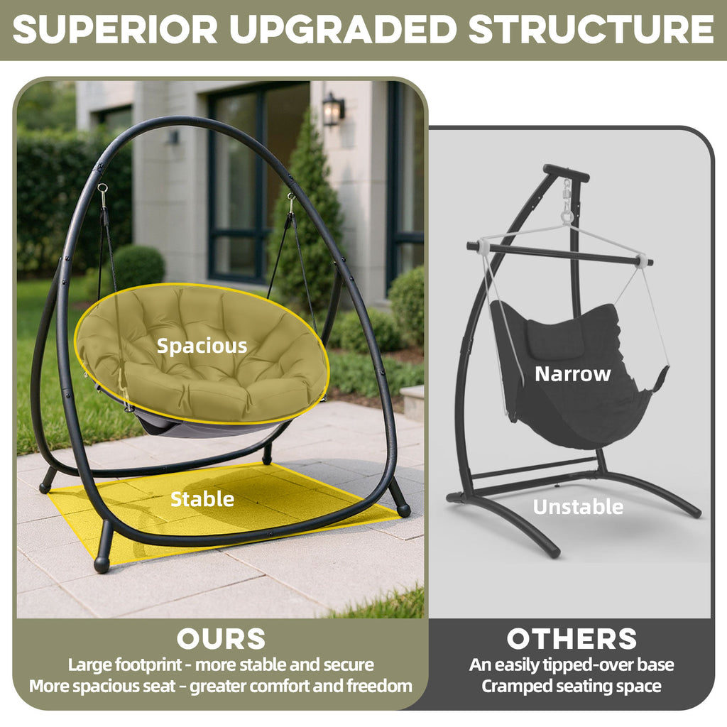 Hanging chair with stand comparison showing spacious and unstable design