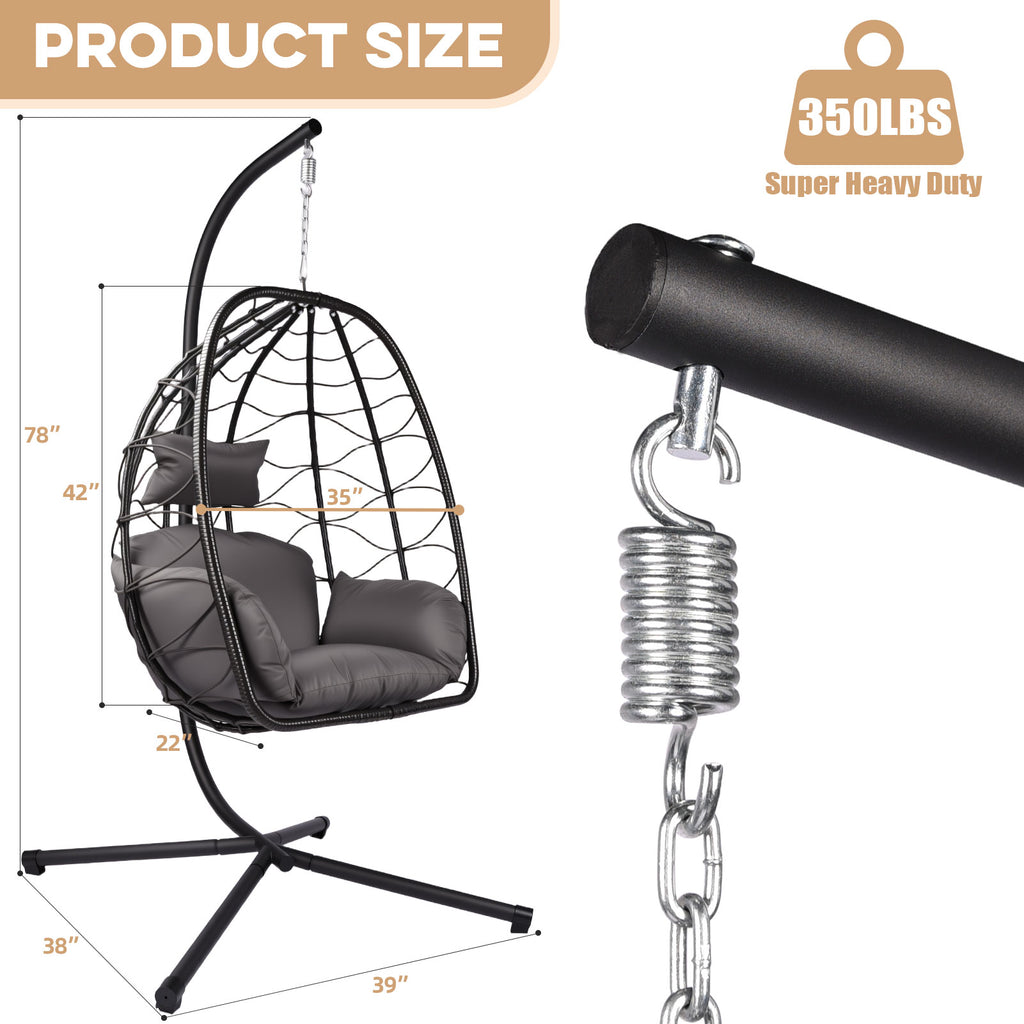 Hanging egg chair with dimensions and weight capacity displayed