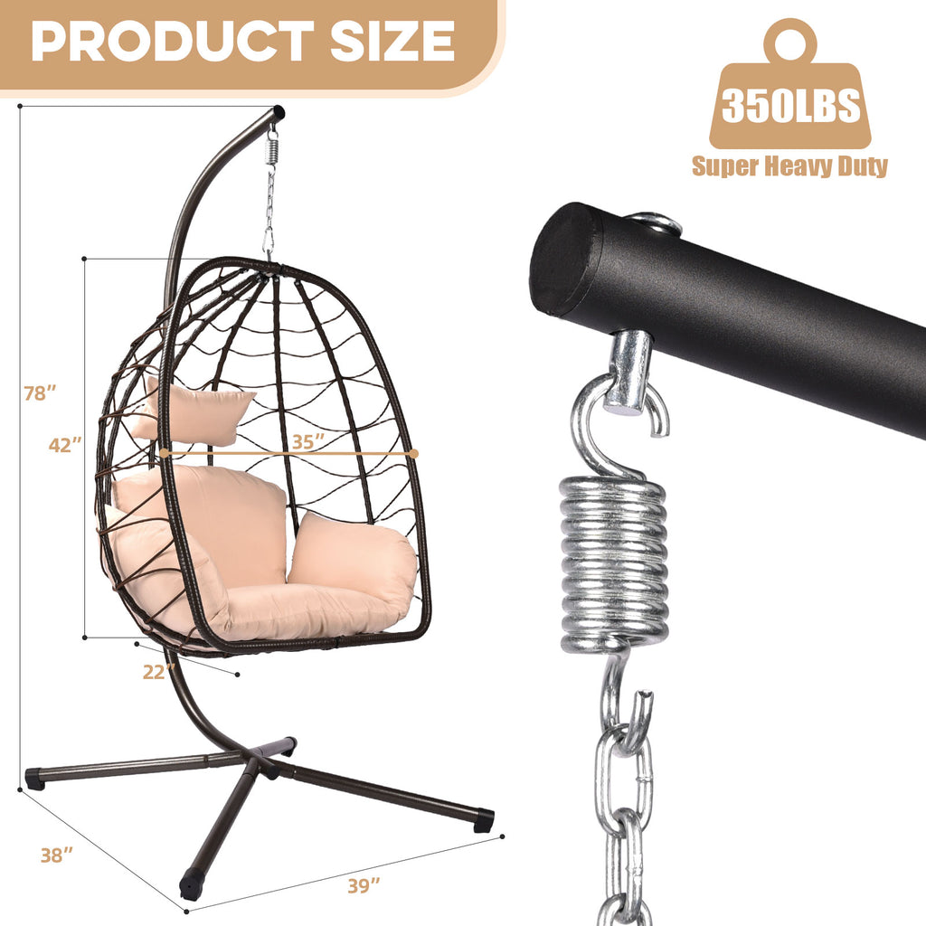 Hanging egg chair with dimensions and weight capacity on a white background