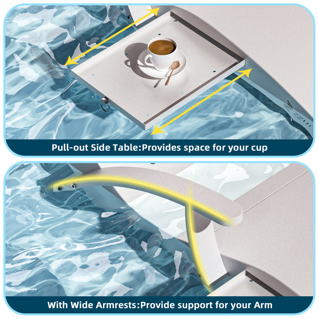 Illustration of a boat's pull-out side table with cup holder and wide armrests.