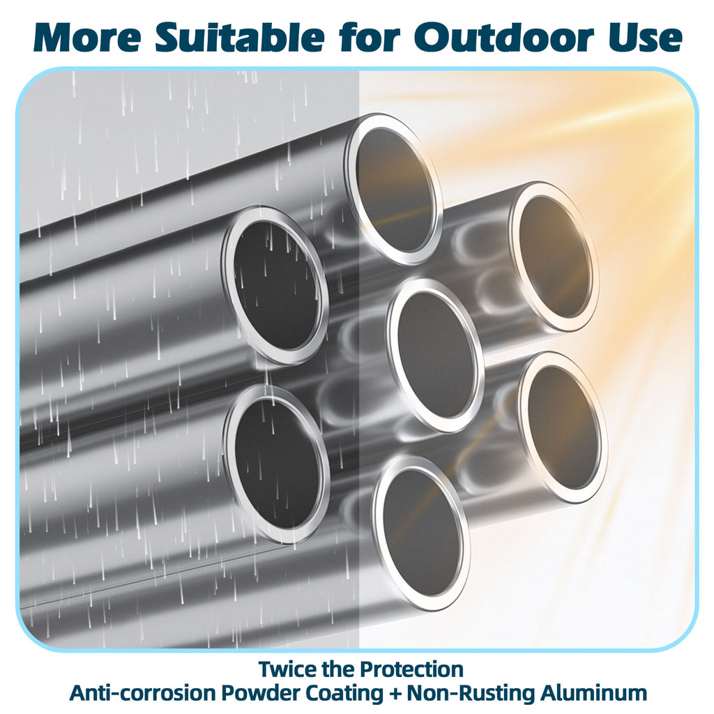 Metal pipes with anti-corrosion powder coating and non-rusting aluminum, suitable for outdoor use.