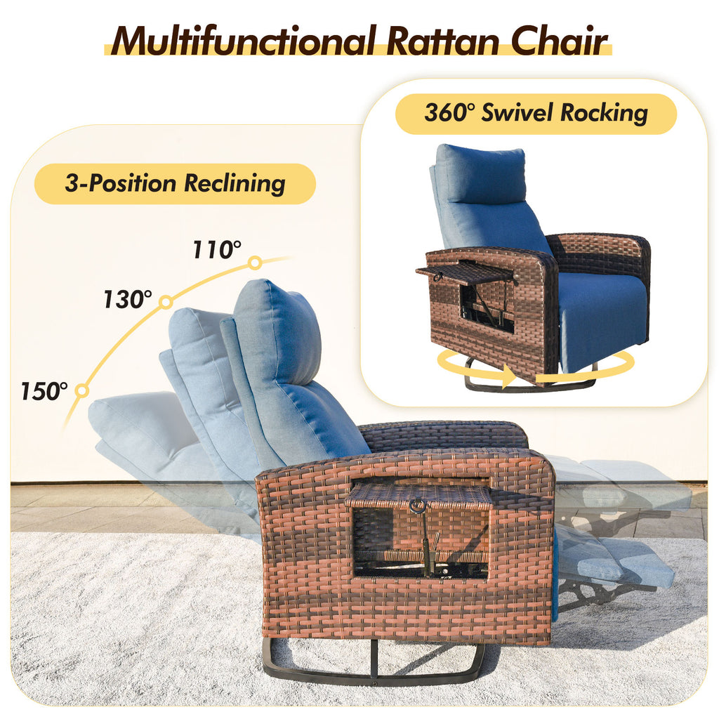 Multi functional rattan chair with reclining and swivel rocking features on a light background