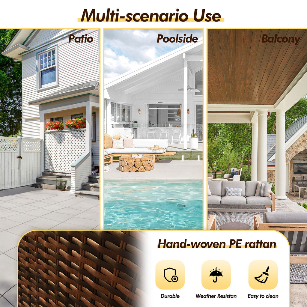 Outdoor furniture set with patio, poolside, and balcony scenarios, featuring hand-woven PE rattan material