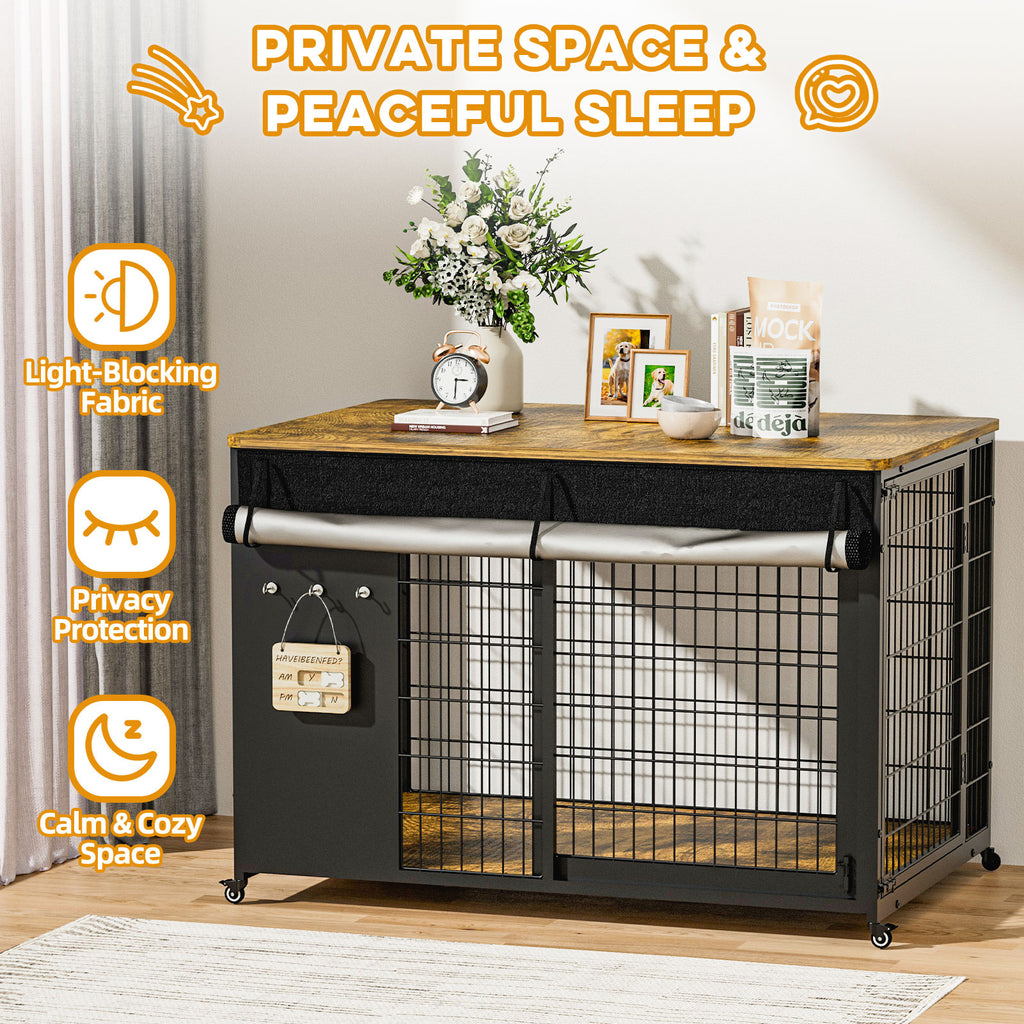 Pet cage with wooden top and light-blocking fabric in a room setting.