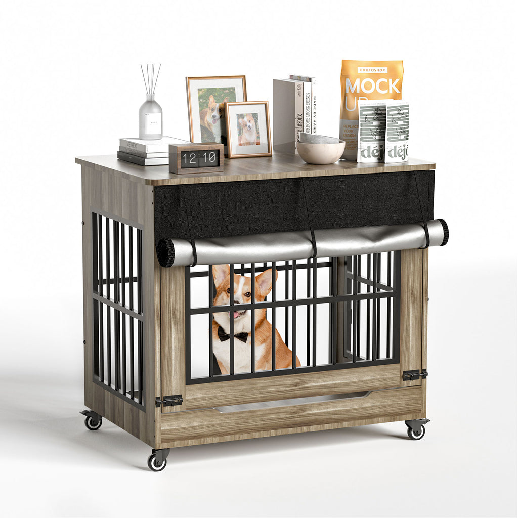 Pet crate with wooden frame and wheels, featuring a dog inside on a white background.