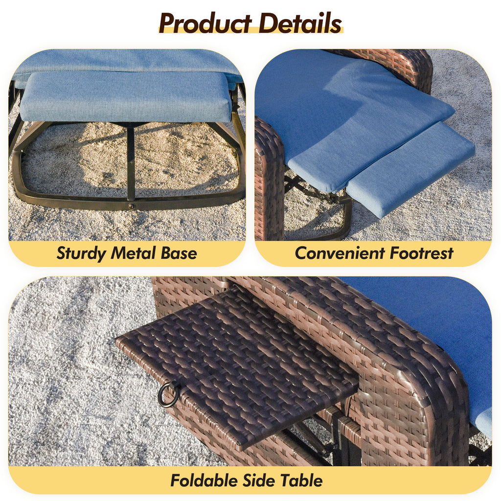Product details of a chair with a blue cushion, sturdy metal base, convenient footrest, and foldable side table.