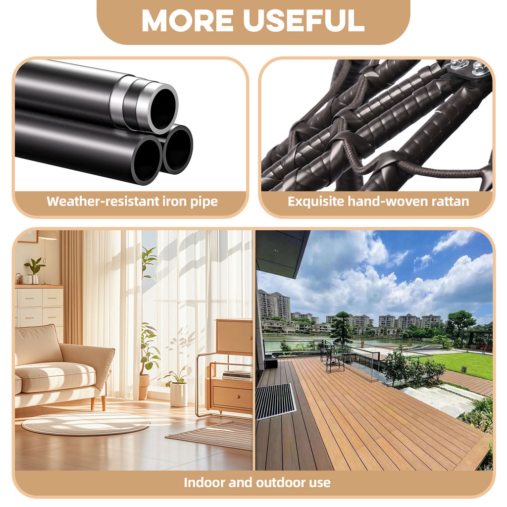 Product features including weather-resistant iron pipe, hand-woven rattan, indoor living room setup, and outdoor deck with city view