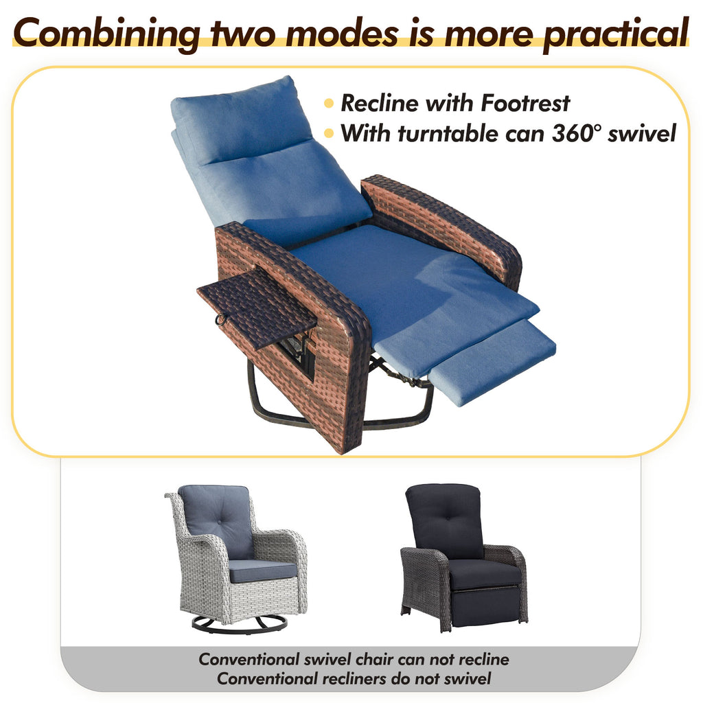 Recliner chair with footrest and swivel feature, shown with text highlighting its practicality