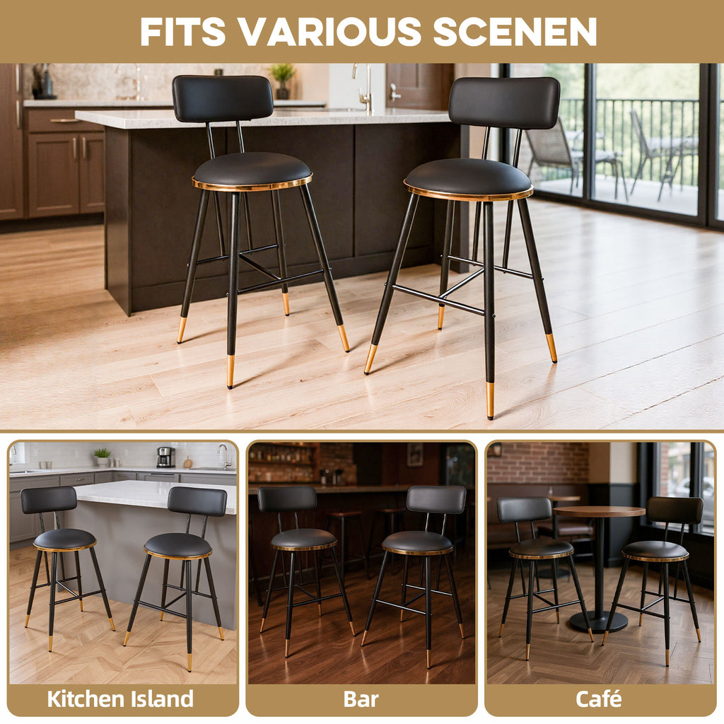 Two bar stools with black seats and gold accents in a kitchen setting, with text indicating they fit various scenes