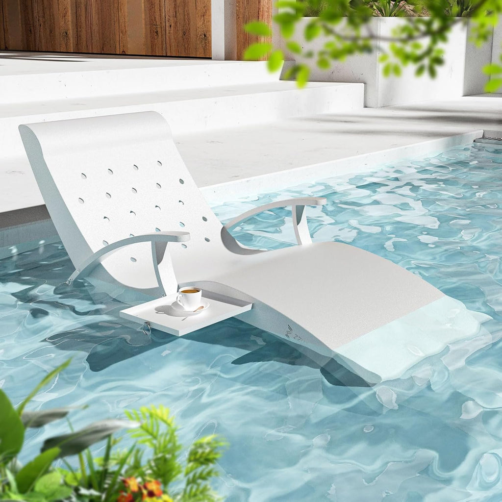 White lounge chair with a cup holder in a pool