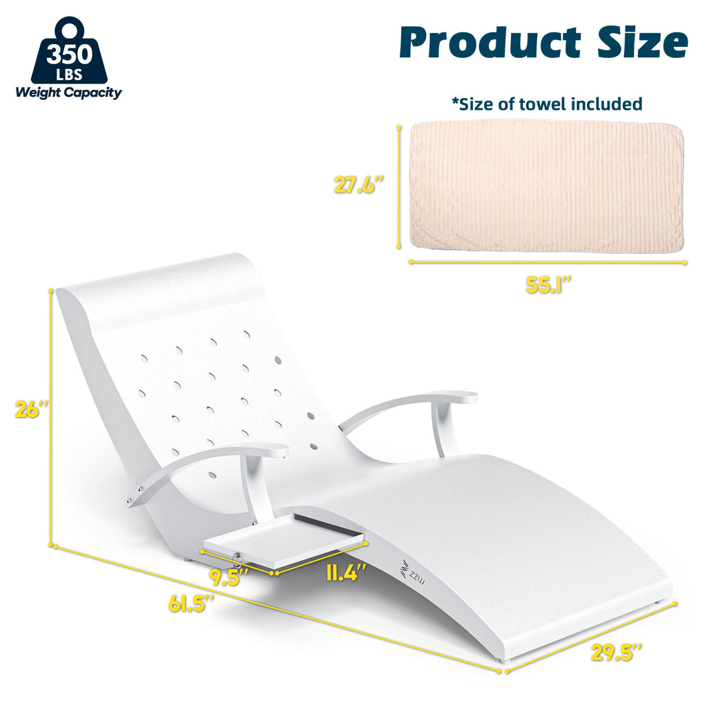 White lounge chair with dimensions and towel size on a white background