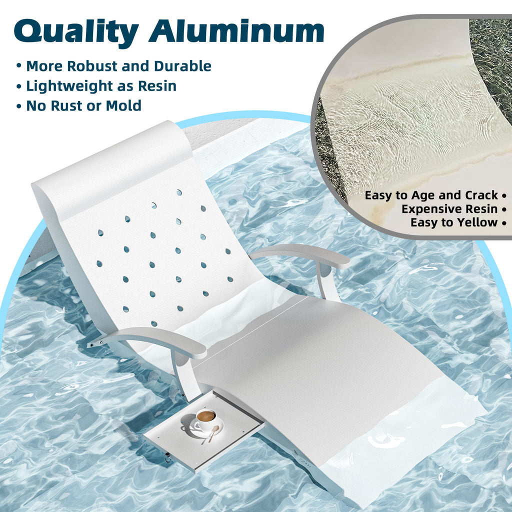 White recliner chair with text highlighting the benefits of quality aluminum over resin.