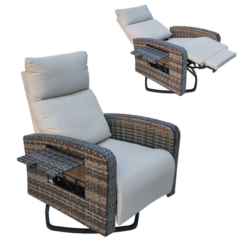 Wicker recliner chair with beige cushions on a white background