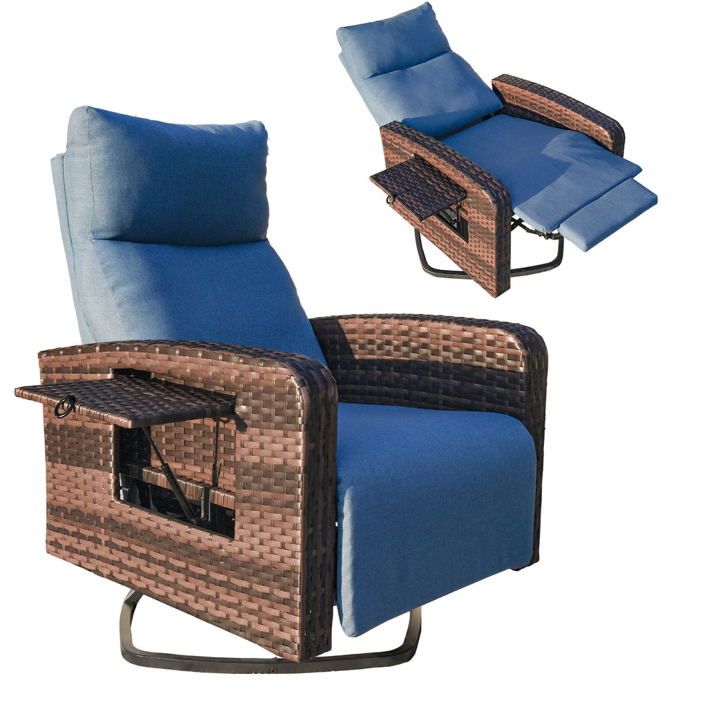 Wicker recliner chair with blue cushions on a white background