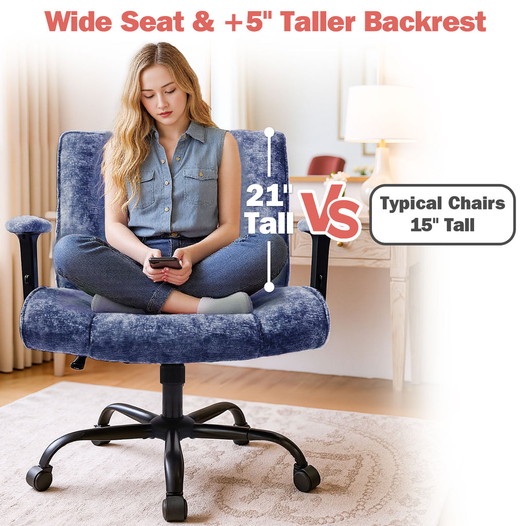 Woman sitting on a wide seat chair with a taller backrest, comparing it to typical chairs