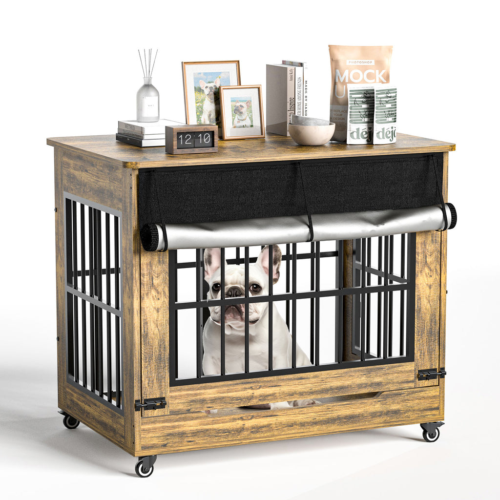 Wooden pet crate with a dog inside, placed on a white background