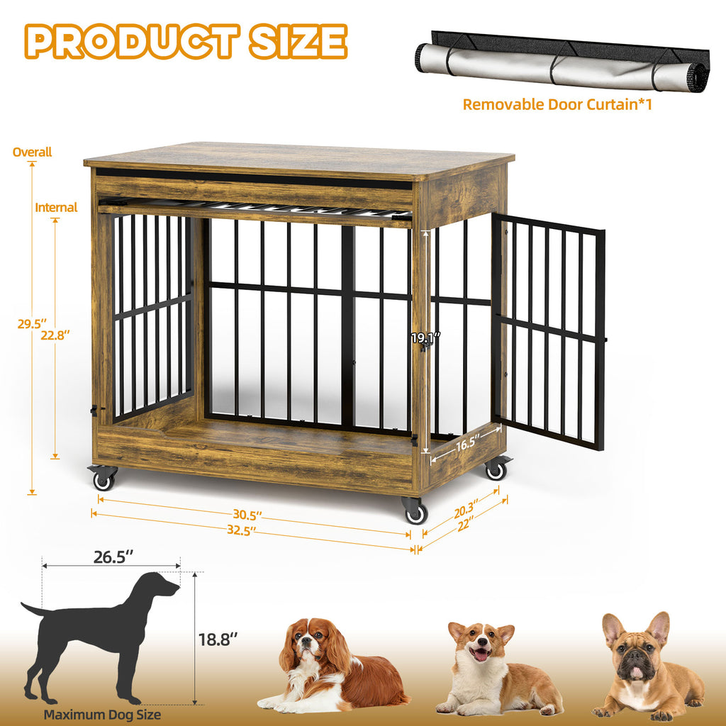 Wooden pet crate with dimensions and a removable door curtain, featuring a dog silhouette and three dogs on a white background